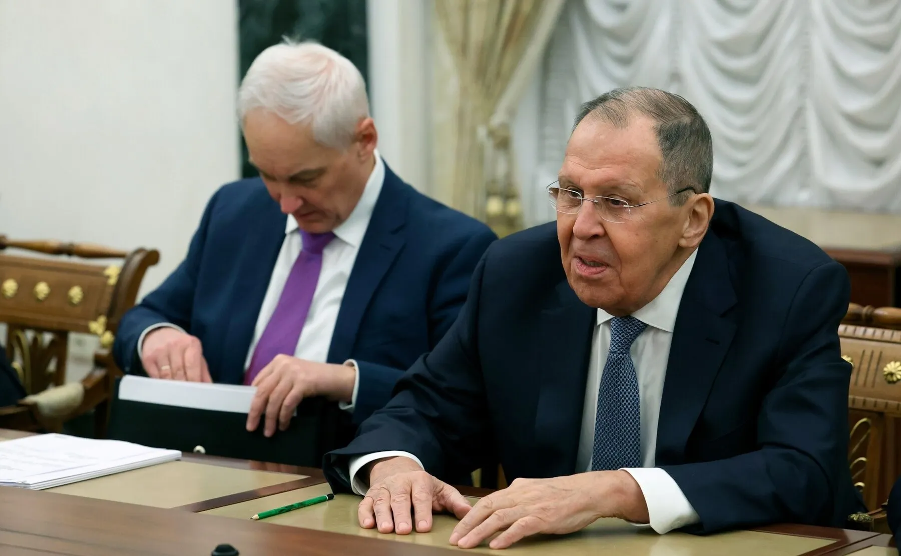 Belousov with Foreign Minister Sergei Lavrov before a meeting with the permanent members of the Security Council, February 6, 2026. Photo: Presidential Press Service. Licence: CC BY 4.0 (attribution to Kremlin.ru required). Source: Wikimedia Commons