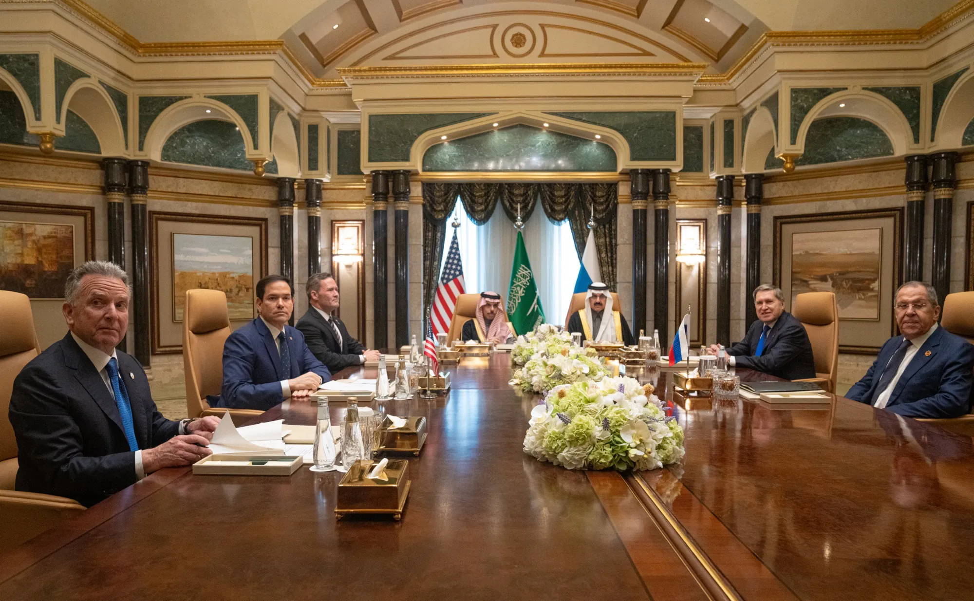 U.S. Secretary of State Marco Rubio meets with Saudi and Russ**ian officials at Diriyah Palace, Riyadh, February 18, 2025 — the first Russia–U.S. talks of the new channel; Kirill Dmitriev led the Russian economic track at this meeting. Photo: U.S. Department of State (Freddie Everett). Licence: public domain. Source: Wikimedia Commons