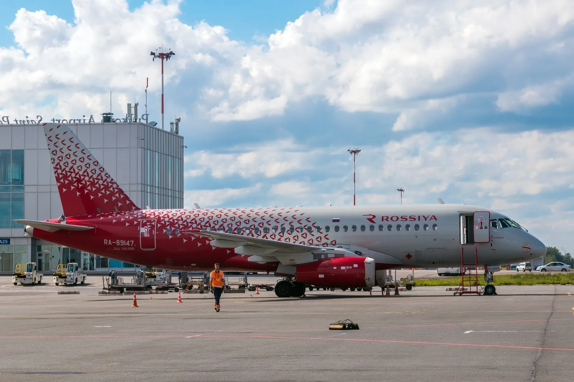 A serial Sukhoi Superjet 100 in Rossiya livery at Pulkovo airport, St Petersburg, August 3, 2022. This is the earlier version of the airliner, not the import-substituted SJ-100 still in flight testing — no free photograph of the latter exists. Photo: Mike1979 Russia. Licence: CC BY-SA 4.0 (image resized; derivative works must be shared under the same licence). Source: Wikimedia Commons