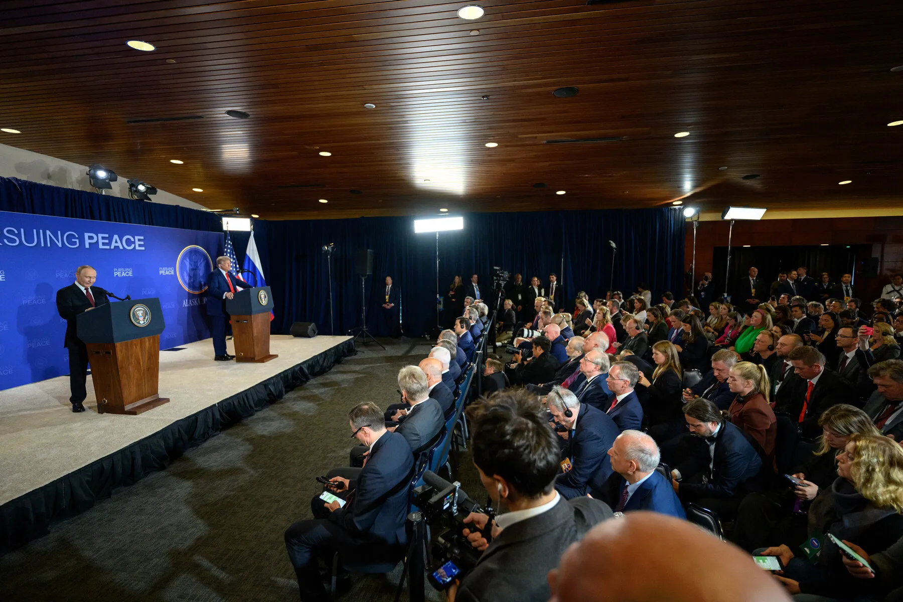 The joint press conference after the Putin–Trump talks in Anchorage, Alaska, August 15, 2025; Belousov was part of the narrow Russian delegation at the summit. Photo: The White House. Licence: public domain. Source: Wikimedia Commons